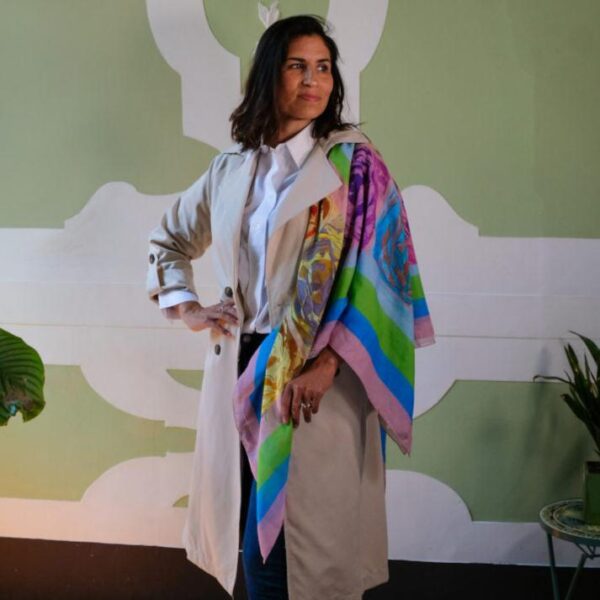 French Roses Oversized Square Shawl in cotton and silk, worn draped over one shoulder