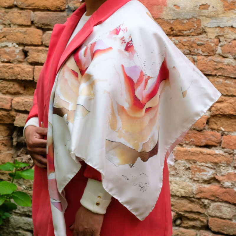 camelia cream silk square scarf in cream, coral and pinks