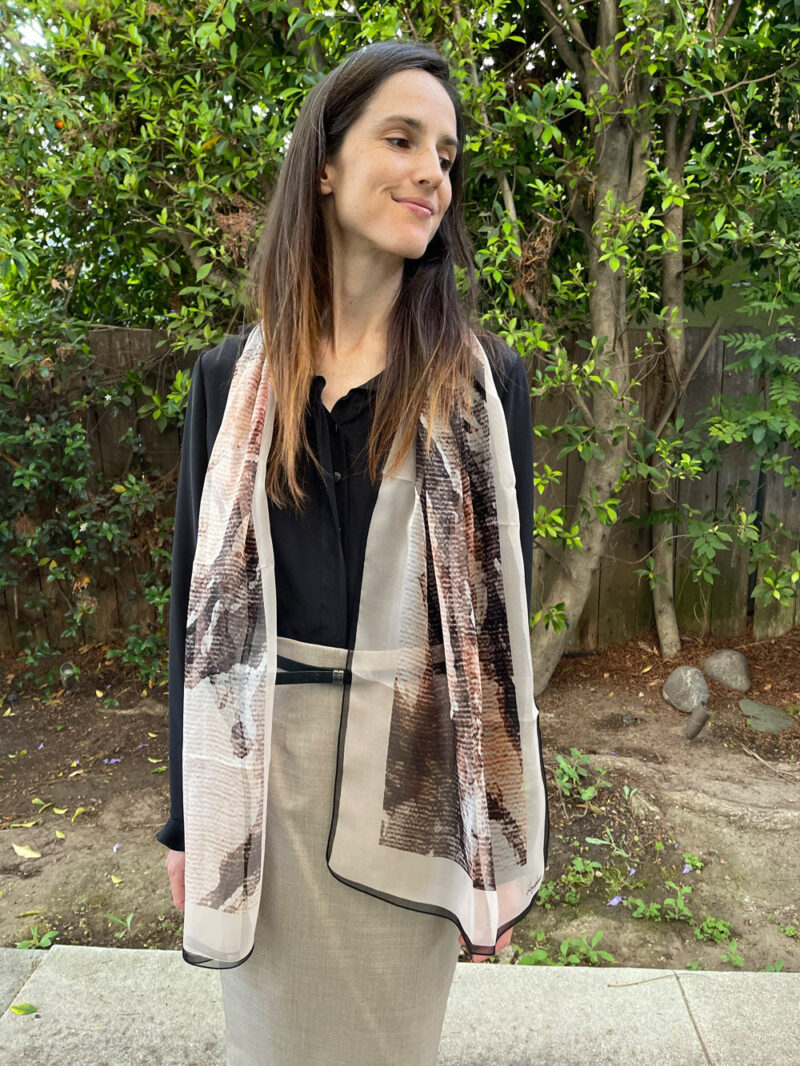 Reef Bark long silk chiffon scarf draped around neck