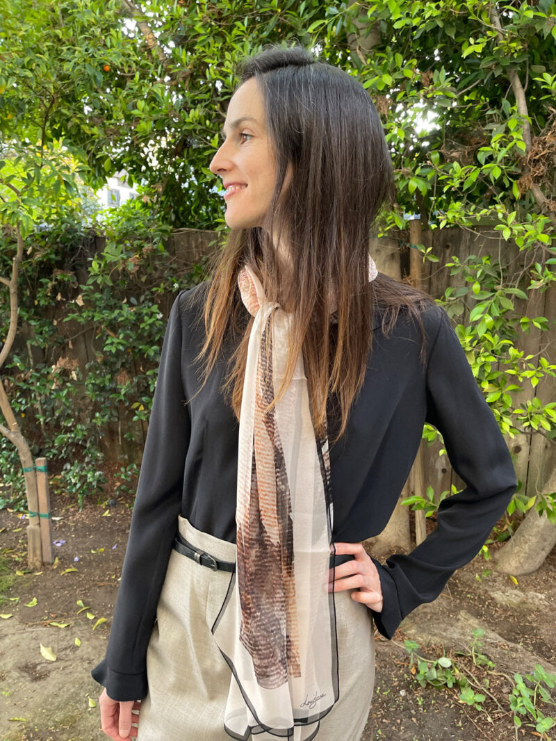 Reef bark long silk chiffon scarf tied around neck