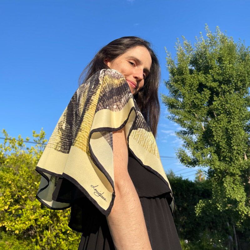 Reef Bark sunbeam silk crepe de chine square draped over shoulders