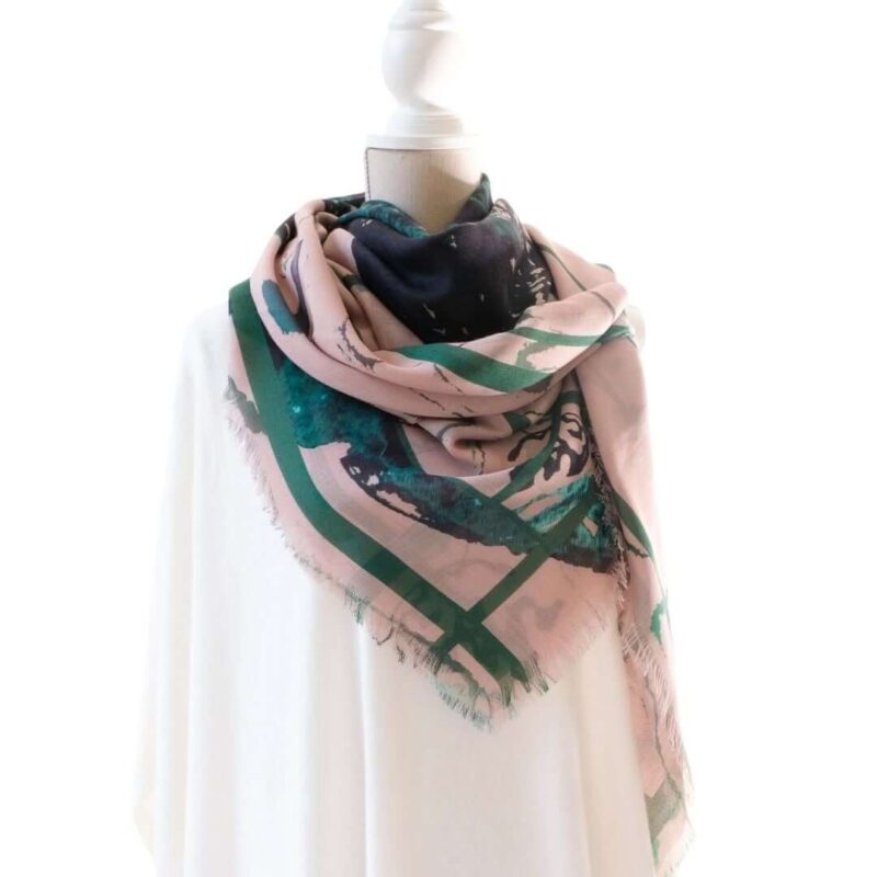 extra large square silk and cashmere shawl in deep green and soft pink with Japanese orchid design