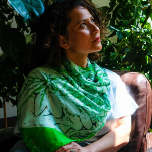 Leaf Sprays long silk scarf in spring greens colour