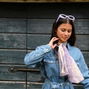 Fern Sprays petite long silk scarf in pale peri and cream colours