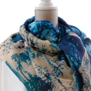 Treescape cashmere and silk oversized square shawl blue green stone beige colour