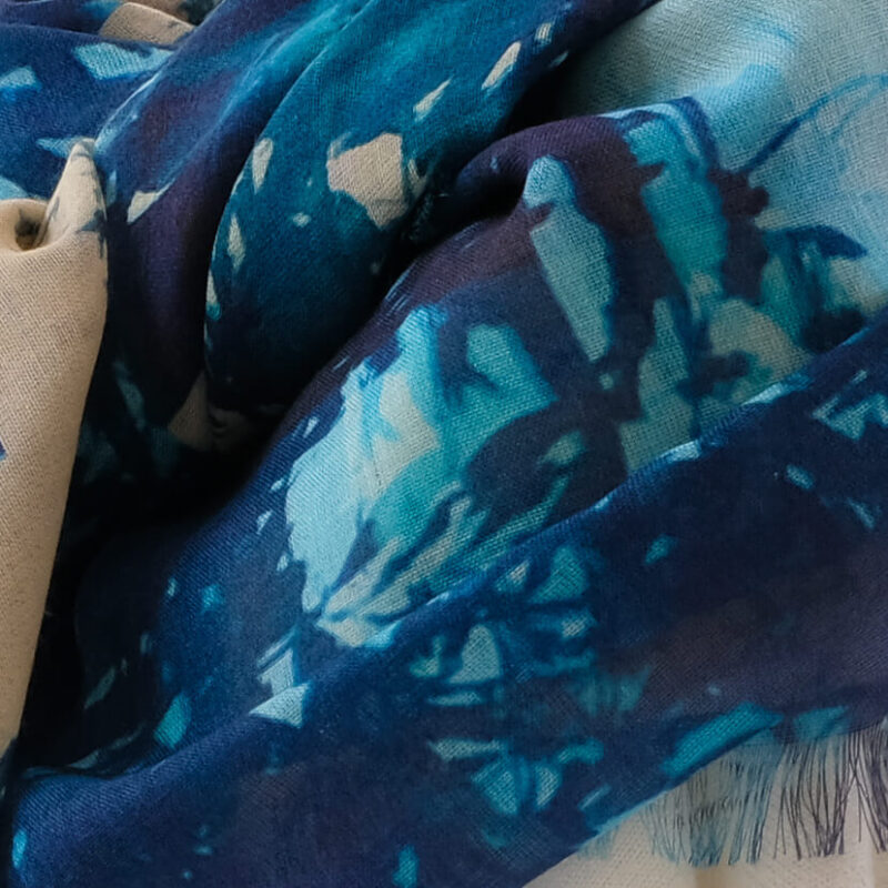 pattern and fabric closeup Treescape cashmere and silk oversized square shawl blue green stone beige colour