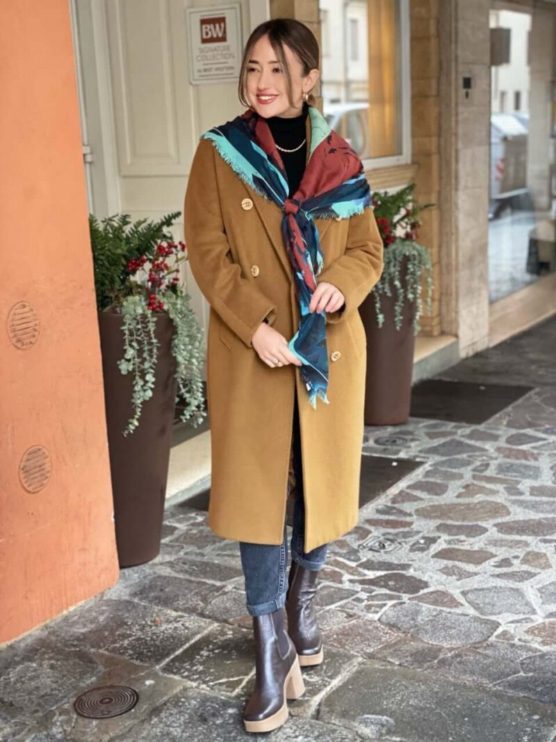 woman wearing camelia winter rose cashmere and silk oversized square shawl