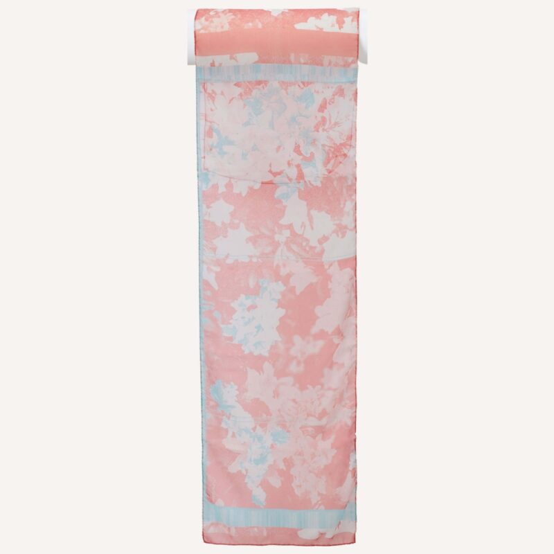 Fresh Beauty long scarf in silk georgette, coral and teal colour, flat