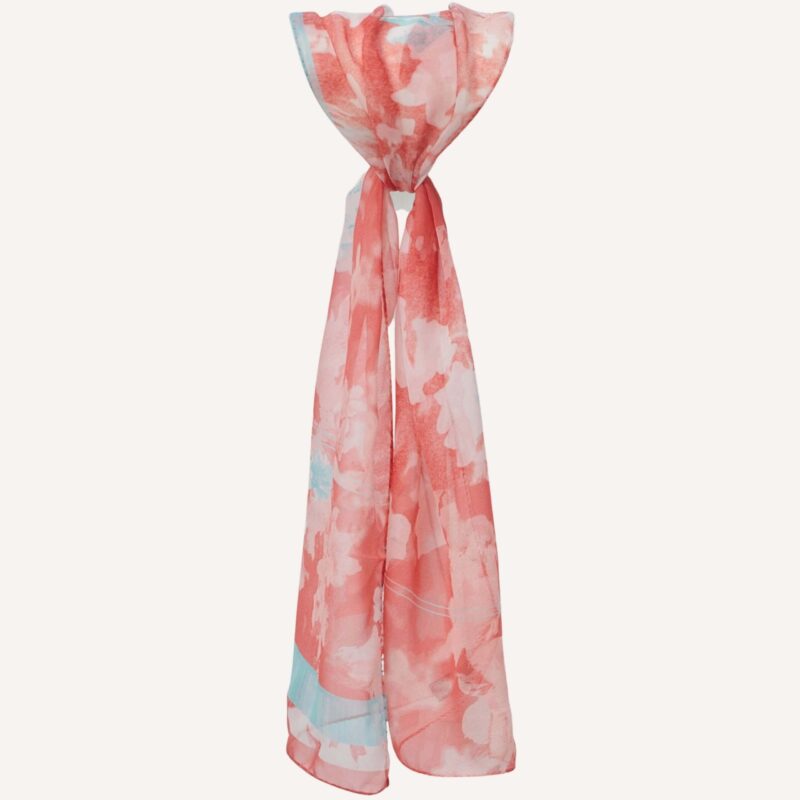 Fresh Beauty long scarf in silk georgette, coral and teal colour, tied