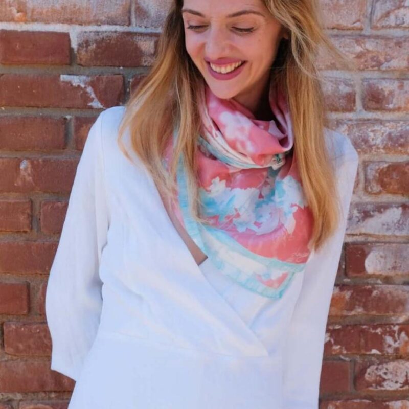 a woman wearing large silk square scarf in Fresh Beauty design