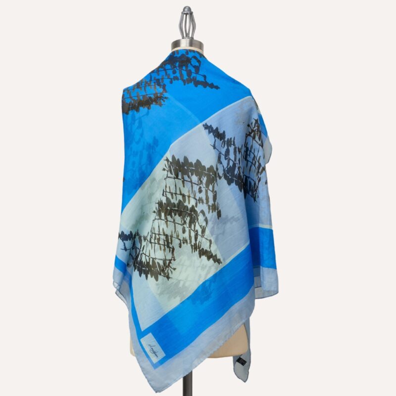 Leaves oversize silk and cotton square shawl, back view, blue colour