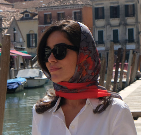 Open Heart silk scarf worn as head scarf with sunglasses in Venice