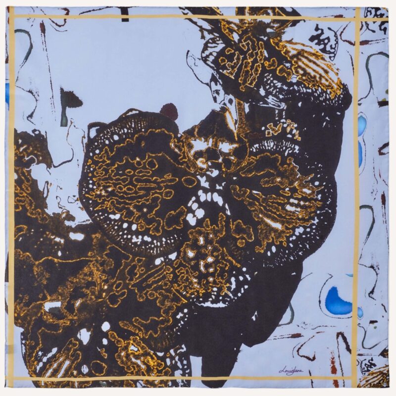 Small square silk scarf in Japanese Orchid design, blue, black and gold colours, flat lay
