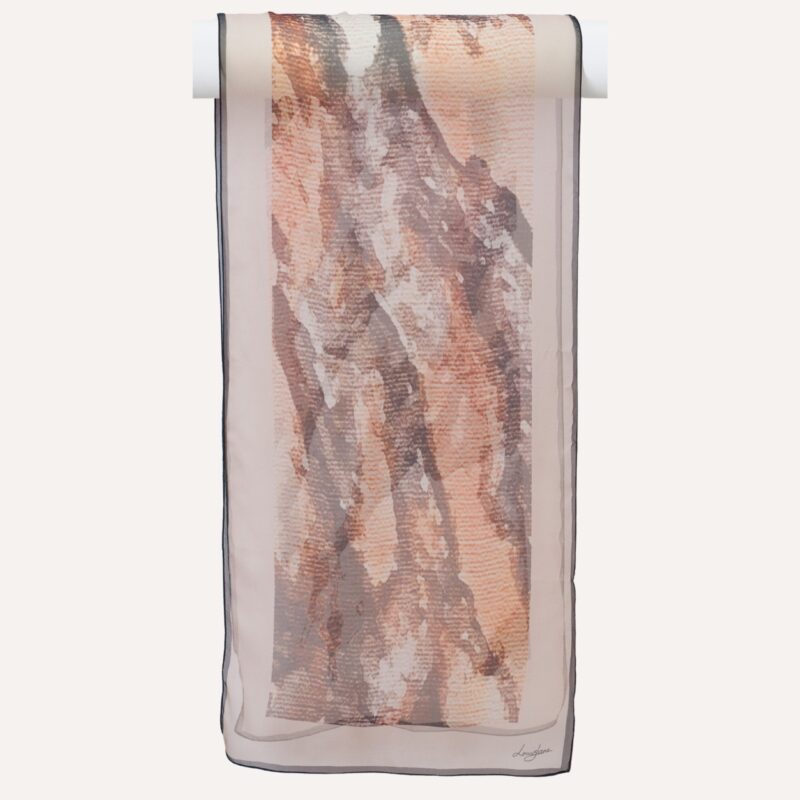 Reef bark long silk chiffon scarf in natural browns, coral and black colours, flat