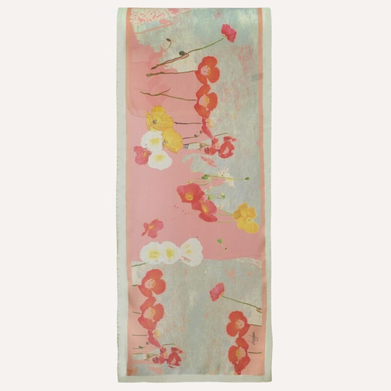 Petite long scarf in sea of poppies design, coral and sea foam colours , flat
