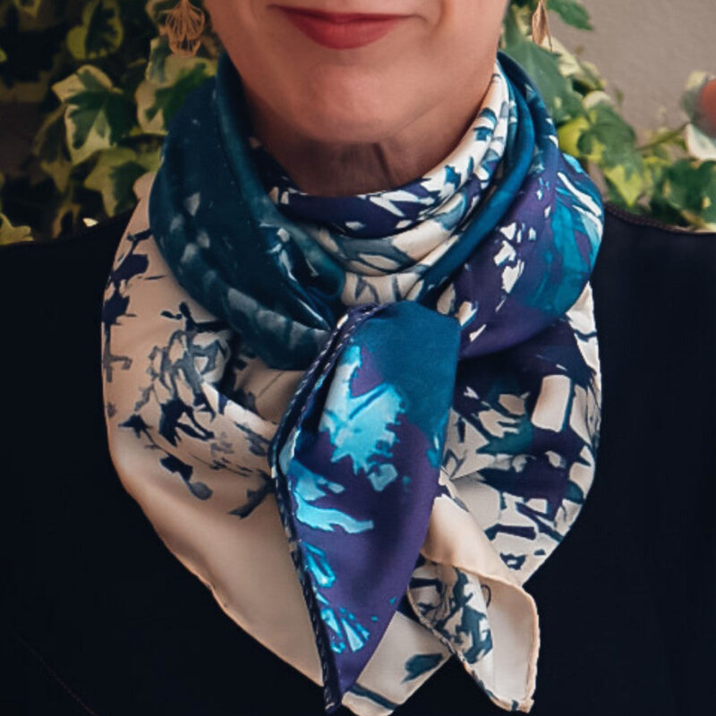 Treescape large silk square worn knotted around neck