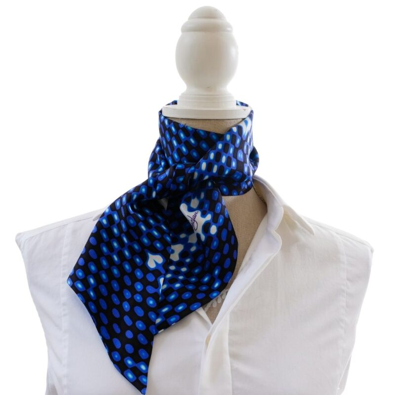 Vivaia Organic Silk Twilly ribbon scarf indigo blue and white
