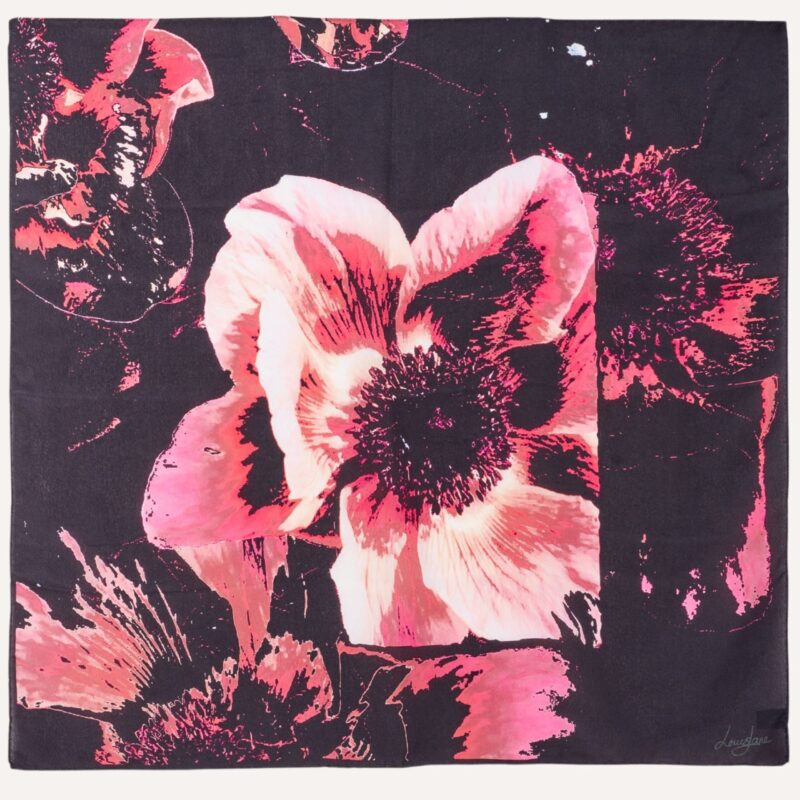 Wild Bounty small square scarf black background with deep pink floral pattern